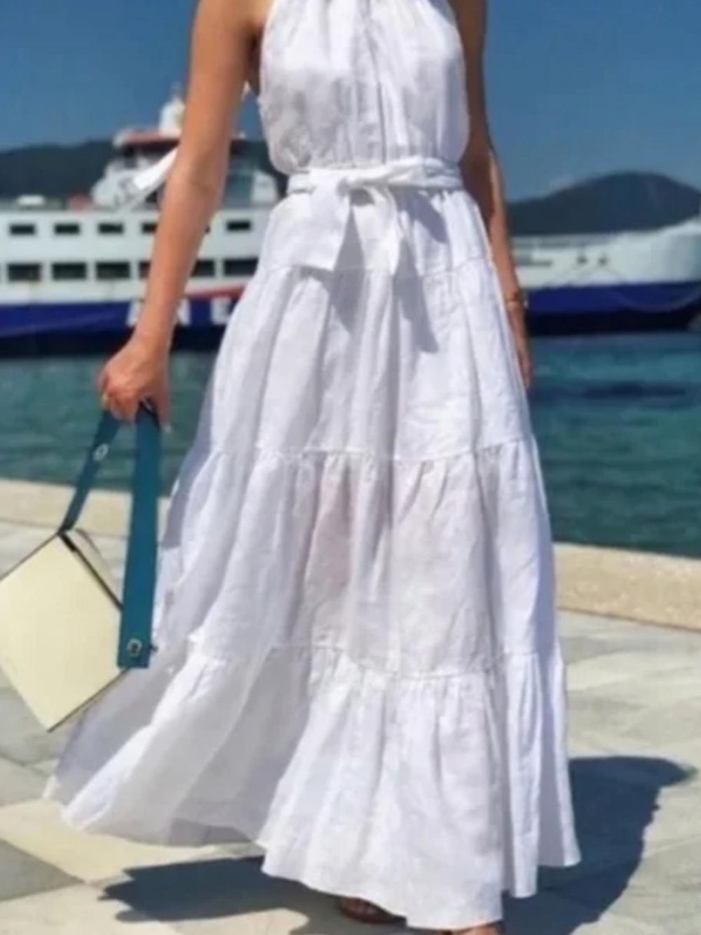 ⬆️ ZARA WHITE 100% LINEN HALTER BELTED FULLY LINED MAXI DRESS - Picture 3 of 15